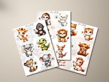 Aufkleber-Set mit süßen Tieren, darunter Giraffe, Gorilla, Krokodil, Löwe, Koala, Elefant und Känguru, gestaltet von DreamArt VM.